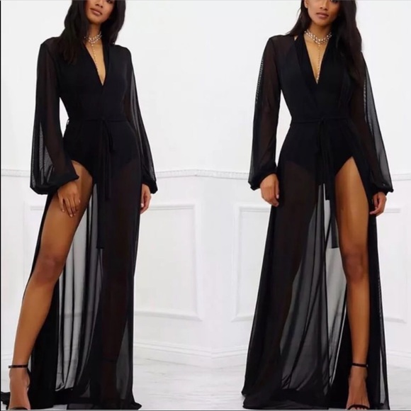 Long black duster robe Hollywood glam cover up swimsuit bikini resort cruise